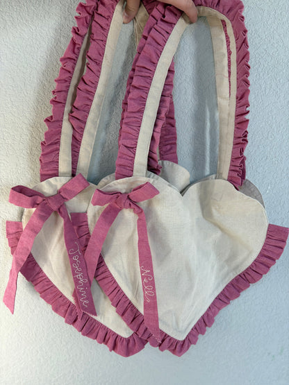 Heart Ruffle Tote - hand embroidered